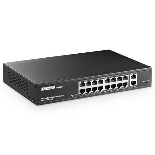 YuLinca 18 Port Gigabit PoE Switch, 16 Ggiabit PoE+, 2 GE Uplink, IEEE802.3af/at Max 250W, Unmanaged Plug&Play Desktop Rackmount Ethernet Switch von YuLinca