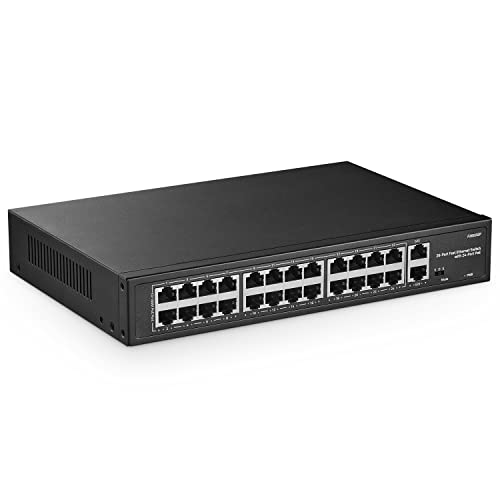 YuLinca 24 Port PoE Switch, 10/100Mbps PoE+ Ports, 2 Gigabit Ethernet Uplink, IEEE802.3af/at, Max 300W, VLAN & PoE Extend 250m, RackMount Fanless Unmanaged Ethernet Switch von YuLinca