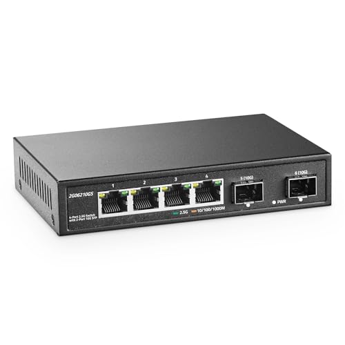 YuLinca 4 Port 2.5G Netzwerk Switch mit 2x10G SFP, 4 x 2.5GBASE-T Ports, kompatibel mit 100/1000/2500Mbps, Multi-Gigabit Lüfterloser Unmanaged Metall Desktop Ethernet Switch von YuLinca