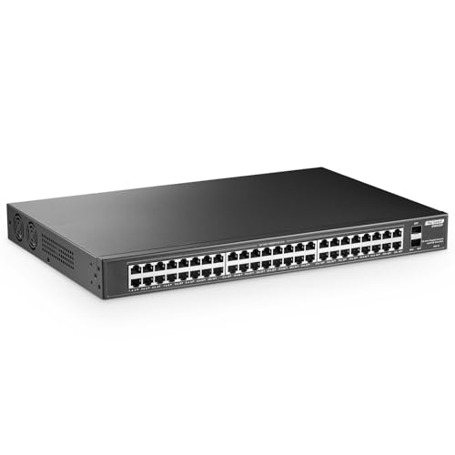 YuLinca 48 Port PoE Gigabit Switch mit 2 Gigabit SFP, IEEE802.3af/at Max 800W, Unmanaged Rackmount Switch mit VLAN und AI Watchdog von YuLinca