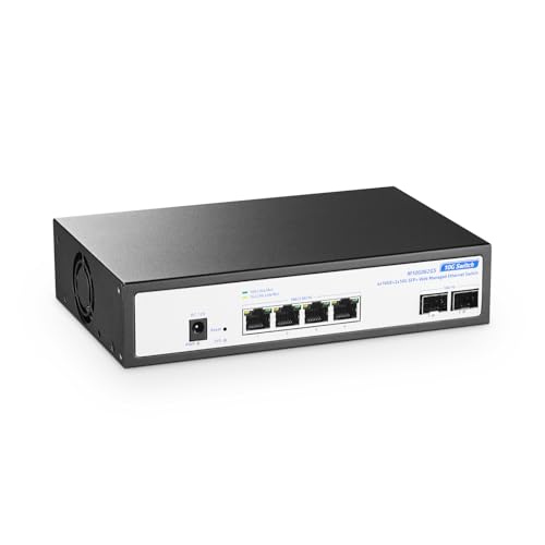 YuLinca 6 Port 10Gbps Managed Switch, 4 x 10G RJ-45 Ports mit 2 x 10G SFP+ Slots, unterstützt 10G/5G/2.5G/1000M Auto-Negotiation, Smart Web Managed Gaming Switch von YuLinca