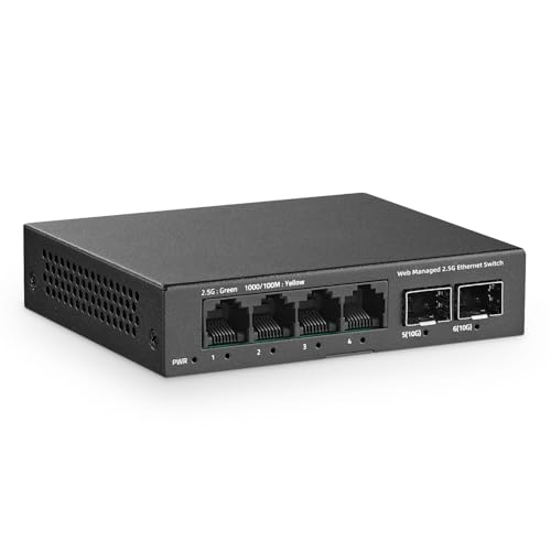 YuLinca 6 Port 2.5G Easy Web Managed Switch, 4 x 2.5Gbps Base-T Ports und 2 x 10G SFP+ Slot, unterstützt LACP/QOS/VLAN/IGMP, Mini Metal Fanless 2.5Gb Managed Switch von YuLinca