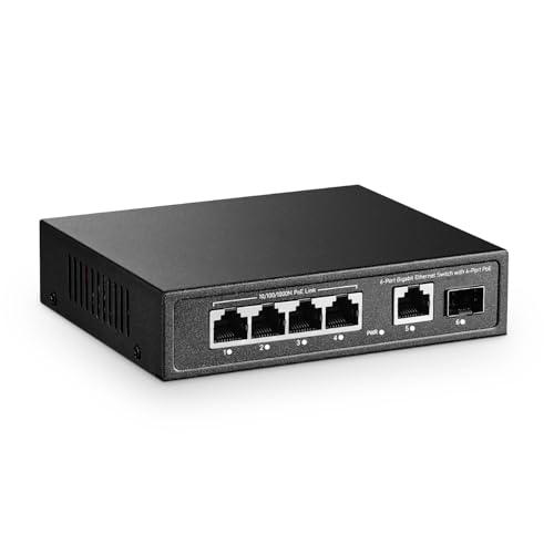 YuLinca 6 Port Mini Gigabit PoE Switch mit 4 PoE+ Port, 1 Gigaibt RJ45 Uplink, 1 Gigabit SFP, IEEE802.3af/at, Max 65W, Metall Lüfterloser Plug & Play Ethernet Switch von YuLinca
