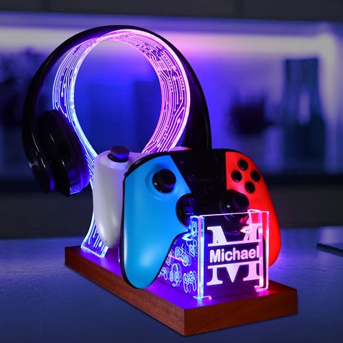 YuanDian Gamer-Geschenke für Teenager, Headset- und Controller-Ständer mit blau-rosa LED-Nachtlicht, hölzerner Controller-Halter aus Acryl mit PCB-Muster von YuanDian