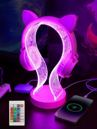 YuanDian Pink Headphone Stand, mit 1 USB-Ladeanschluss und 1 Typ-C-Ladeanschluss, Desk Gaming Headset-Halter, 16 wechselnde Farben mit Fernbedienung, Geschenk für Gamer Mädchen und Musikliebhaber YuanDian Pink Headphone Stand, mit 1 USB-Ladeanschluss und 1 Typ-C-Ladeanschluss, Desk Gaming Headset-Halter, 16 wechselnde Farben mit Fernbedienung, Geschenk für Gamer Mädchen und Musikliebhaber von YuanDian