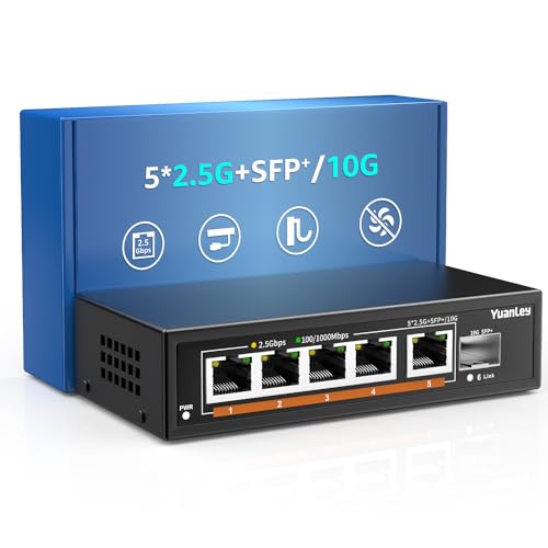 6 Port 2.5G Umanaged Ethernet Switch, 5 x 2.5G Base-T Ports, 1 x 10G SFP, 10/100/1000M Kompatibel, Metall Lüfterlos, Desktop/Wandmontage YuanLey 2.5Gbe Netzwerk Switch für Wireless AP, NAS, PC von YuanLey