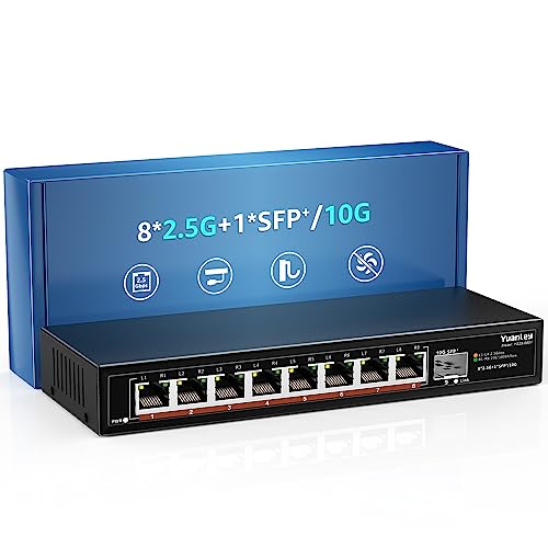 8 Port 2.5G Unmanaged Desktop Ethernet Switch mit 10G SFP, 8 x 2.5G Port, 60Gbps Switching Kapazität, Kompatibel mit 100/1000/2500Mbps, Metall Lüfterlos YuanLey 2.5Gbe Netzwerk Switch Wandmontage von YuanLey