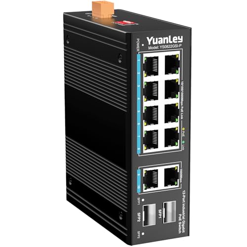 YuanLey 12 Port Industrie-Switch mit 8 Port PoE Gigabit, 2 1000Mbps Uplink, 2 SFP Port, Unmanaged DIN-Rail PoE Switch, IEEE802.3af/at, 24Gbps Switching Kapazität, IP40, Extend, AI Watchdog, Lüfterlos von YuanLey