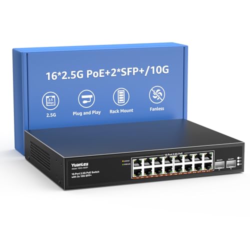 YuanLey 18-Port 2,5G PoE-Switch Unmanaged, 16 x 2,5G Base-T PoE-Ports, 2 x 10G SFP+, IEEE802.3af/at, 250W, Kompatibel mit 100/1000/2500Mbps, Metallgehäuse, Desktop-/Rack-Montage 2,5Gbe Netzwerkswitch von YuanLey