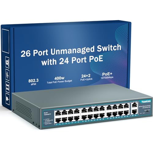 YuanLey 26 Port PoE Switch, 24 PoE+ Port 100Mbps, 2 Uplink Gigabit, 802.3af/at 400W, Nicht verwaltetes Plug-and-Play für die Rackmontage von YuanLey
