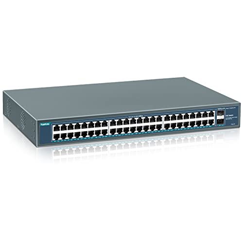 YuanLey 48 Port Gigabit PoE Switch Unmanaged mit 2 1000Mbps SFP Uplink, 50 Port 802.3af/at 800W High Power PoE+ Netzwerk Switch, Metall Rackmount Power Over Ethernet Switch von YuanLey