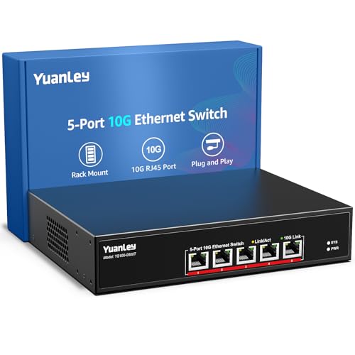 YuanLey 5 Port 10G Ethernet Switch, 5 x 10Gbps RJ45 Ports, Unterstützt 10G/5G/2.5G/1G/100M Geschwindigkeit Auto-Negotiation, 100Gbps Switching Kapazität, Unmanaged Switch Rackmountable, Plug and Play von YuanLey