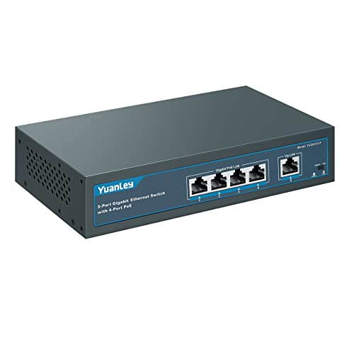 YuanLey 5 Port Gigabit PoE Switch with 4 Port PoE, 802.3af/at 78W Eingebaute Leistung, Lüfterloses, Nicht Verwaltetes Plug & Play von YuanLey
