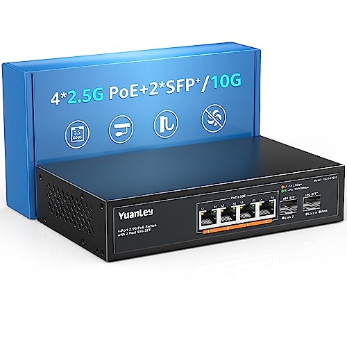 YuanLey 6 Port 2.5G PoE Switch Unmanaged, 4 x 2.5G Base-T PoE Ports, 2 x 10G SFP, 802.3af/at, 78W, Kompatibel mit 100/1000/2500Mbps, Metall lüfterlos, Desktop/Wandmontage 2.5Gbe Netzwerk Switch von YuanLey