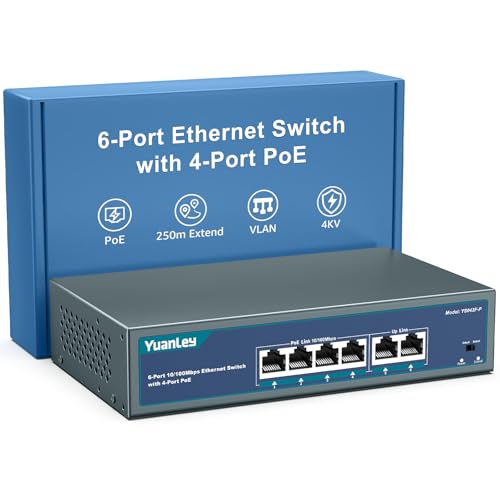 YuanLey 4-Port-PoE-Switch mit 2 Ethernet-Uplinks, 4 PoE+ 100Mbps-Ports, 78W 802.3af/at, Erweiterungsfunktion, One-Key-VLAN, Metallgehäuse, Desktop- & Wandmontage, Unmanaged, Plug-and-Play von YuanLey
