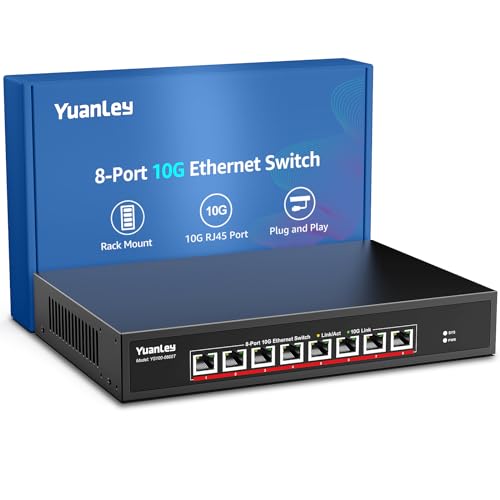 YuanLey 8-Port 10G Ethernet Switch, 8 x 10Gbps RJ45 Ports, Unterstützt 10G/5G/2.5G/1G/100M Geschwindigkeit Auto-Negotiation, 160Gbps Switching Kapazität, Unmanaged Switch Rackmountable, Plug and Play von YuanLey