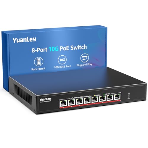 YuanLey 8 Port 10G PoE Switch Unmanaged, 8 x 10G Base-T PoE Ports, IEEE802.3af/at, 110W Eingebaute Leistung, Kompatibel mit 1G/2.5G/5G/10G, Metallgehäuse, Rackmount/Wandmontage 10Gbe Netzwerk Switch von YuanLey