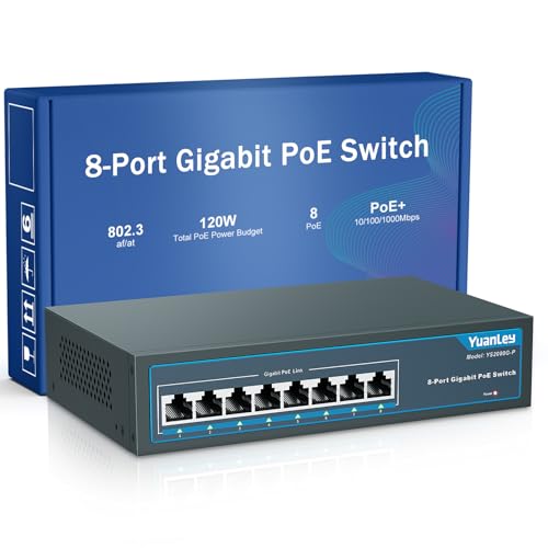 YuanLey 8 Port Gigabit PoE Switch, 8 PoE+ Port 1000Mbps, 120W 802.3af/at, Metal Fanless Unmanaged Plug and Play von YuanLey