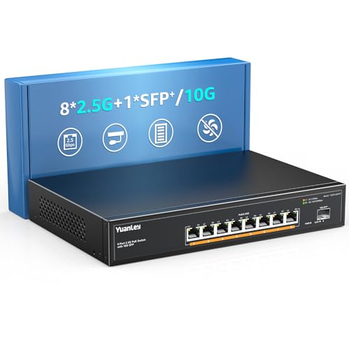 YuanLey 9 Port 2.5G PoE Switch Unmanaged, 8 x 2.5G Base-T PoE Ports, 10G SFP, IEEE802.3af/at, 120W, Kompatibel mit 100/1000/2500Mbps, Metall Lüfterlos, Desktop/Rack Mount 2.5Gbe Netzwerk Switch von YuanLey
