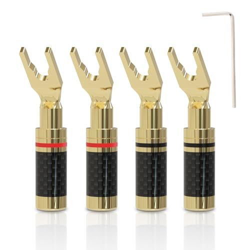 YuanYong Audiophile Bananenstecker Messin 24k vergoldet Vollmetallgehäuse Kohlefaser-Verbinder für Lautsprecherkabel bis 7mm(4 Stücke) von YuanYong