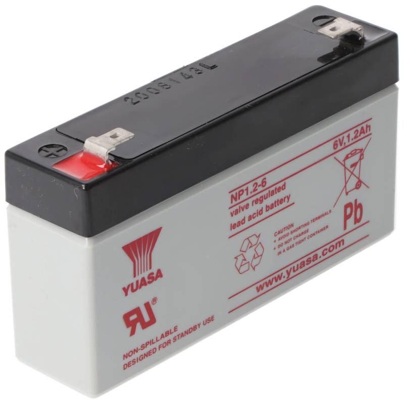 YUASA NP1.2-6 Akku Blei PB 6.0 Volt 1200mAh mit 2 Faston 4,8mm Steckkontakten von Yuasa