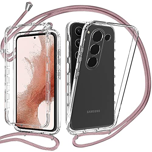 360 Grad Handykette Hülle Kompatibel mit Samsung Galaxy S23, Necklace Hülle mit Band/Doppel-Schutz Transparent Handyhülle[Einteiliges Design] Schutzhülle mit integriertem Displayschutz-Roségold von YuhooTech