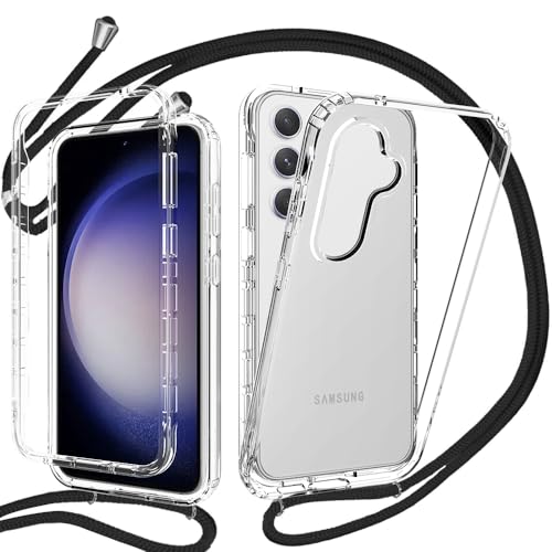 360 Grad Handykette Hülle Kompatibel mit Samsung Galaxy S23 FE, Necklace Hülle mit Band/Doppel-Schutz Transparent Handyhülle[Einteiliges Design] Schutzhülle mit integriertem Displayschutz-Schwarz von YuhooTech