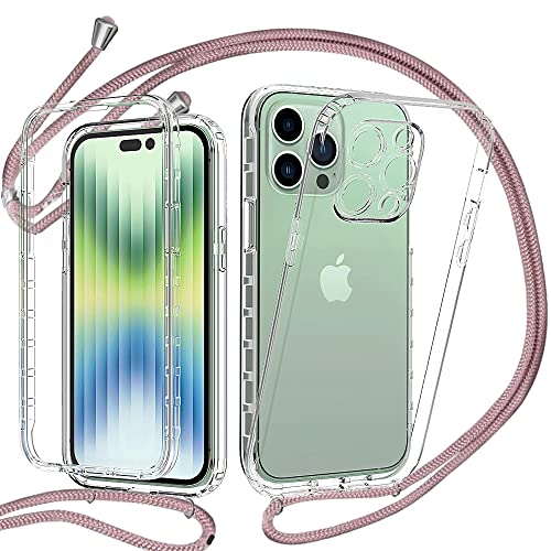 360 Grad Handykette Hülle Kompatibel mit iPhone 14 Pro Max, Necklace Hülle mit Band/Doppel-Schutz Transparent Handyhülle[Einteiliges Design] Schutzhülle mit integriertem Displayschutz-Roségold von YuhooTech