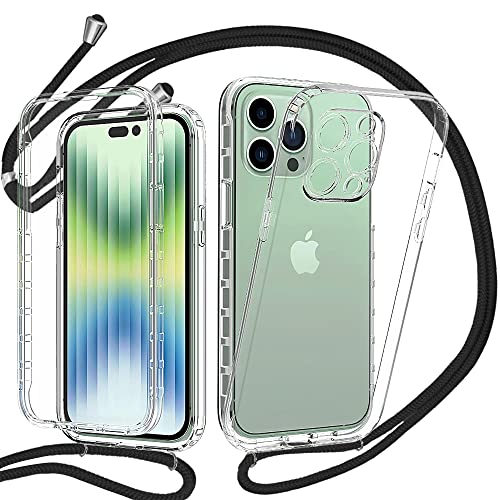 360 Grad Handykette Hülle Kompatibel mit iPhone 14 Pro Max, Necklace Hülle mit Band/Doppel-Schutz Transparent Handyhülle[Einteiliges Design] Schutzhülle mit integriertem Displayschutz-Schwarz von YuhooTech