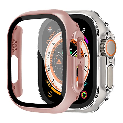 2 Stück kompatibel für Apple Watch Ultra 49mm Hülle,Temperierte Glass Protektor Full Protective Hard PC Cover[Anti-Kratzer] Accessories für IWatch Series 8 Ultra,Roségold+transparent von YuiYuKa