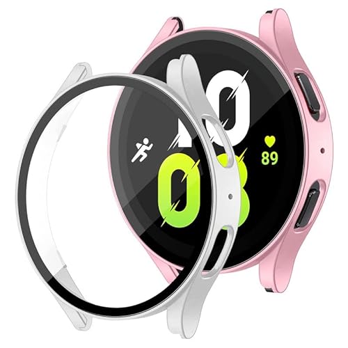 2 Stück kompatibel für Samsung Galaxy Watch 5 40mm Schutzhülle PC Ultradünne HD Case mit gehärteter Glasfolie Displayschutzfolie für Galaxy Watch 5 44mm,Silber + Roségold von YuiYuKa