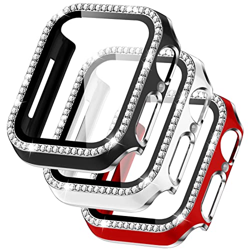 3Stück kompatibel für Apple Watch 45mm 41mm 44mm 40mm Bling Hülle mit Displayschutz aus gehärtetem Glas, Hart PC Kristall Diamant Strassstein Schutzhülle für iWatch 8 7 6 5 4 SE von YuiYuKa