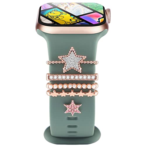 4Pcs Charms für Apple Watch Armband 46mm 42mm 44mm 40mm 41mm 45mm 38mm 49mm Damen,Shiny Metall Jewelry Decorative Ring iWatch serie 10 9 8 7 6 5 4 3 SE/Galaxy Watch 7 6 5 4 Silikon Ersatzband Zubehör von YuiYuKa