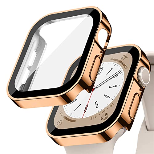 Hard Hülle kompatibel für Apple Watch Series 8/7 45mm 41mm mit gehärtetem Glas Displayschutz,für iWatch Series 6/5/4/SE 44MM 40MM Voller Schutz Protective Case Ultra dünn[HD],Roségold von YuiYuKa