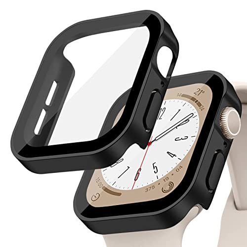 Schutzhülle für Apple Watch, 45 mm, Hartschale, mit Displayschutzfolie aus gehärtetem Glas, Uhrenabdeckung für Apple Watch Serie 8 7, ultradünne, langlebige, wasserdichte Hülle, Mattschwarz von YuiYuKa