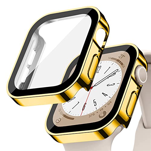 YuiYuKa Hard Hülle kompatibel für Apple Watch Series 8/7 45mm 41mm mit gehärtetem Glas Displayschutz,für iWatch Series 6/5/4/SE 44MM 40MM Voller Schutz Protective Case Ultra dünn[HD],Gold von YuiYuKa