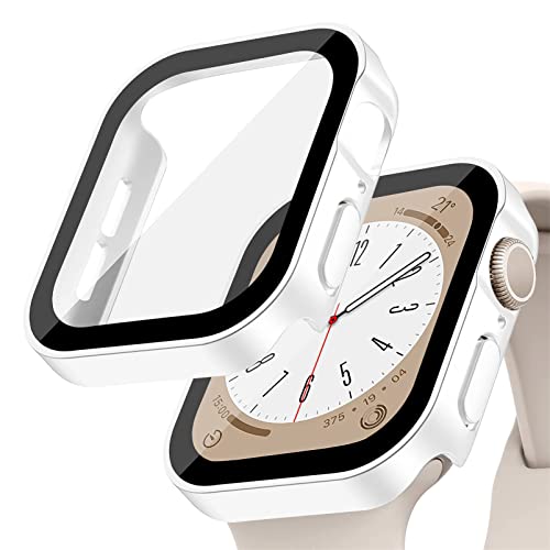 Hard Hülle kompatibel für Apple Watch Series 8/7 45mm 41mm mit gehärtetem Glas Displayschutz,für iWatch Series 6/5/4/SE 44MM 40MM Voller Schutz Protective Case Ultra dünn[HD],Mattes Weiß von YuiYuKa