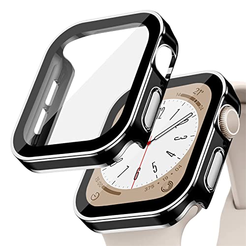 YuiYuKa Hard Hülle kompatibel für Apple Watch Series 8/7 45mm 41mm mit gehärtetem Glas Displayschutz,für iWatch Series 6/5/4/SE 44MM 40MM Voller Schutz Protective Case Ultra dünn[HD],schwarz silber von YuiYuKa