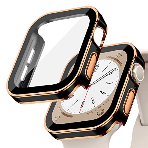 YuiYuKa Hard Hülle kompatibel für Apple Watch Series 8/7 45mm 41mm mit gehärtetem Glas Displayschutz,für iWatch Series 6/5/4/SE 44MM 40MM Voller Schutz Protective Case Ultra dünn[HD],schwarz rosa von YuiYuKa