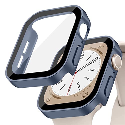 YuiYuKa Hülle kompatibel für Apple Watch Series 8/7 45mm 41mm mit gehärtetem Glas Displayschutz,für iWatch Series 6/5/4/SE 44MM 40MM Voller Schutz Protective Case Ultra dünn[HD],Mattes tiefblau von YuiYuKa