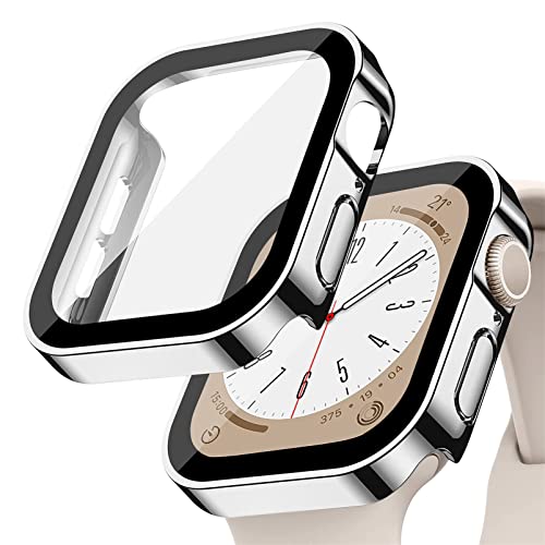 YuiYuKa Kompatibel mit Apple Watch Series 8/7 45mm 41mm mit Displayschutzfolie aus gehärtetem Glas für iWatch Series 6/5/4/SE 44mm 40mm Hard Case Schutzhülle HD, Silber von YuiYuKa