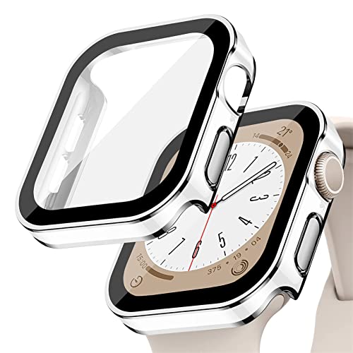 YuiYuKa Kompatibel mit Apple Watch Series 8/7 45mm 41mm mit Displayschutzfolie aus gehärtetem Glas für iWatch Series 6/5/4/SE 44mm 40mm Hard Case Schutzhülle HD, Weiß Silber von YuiYuKa