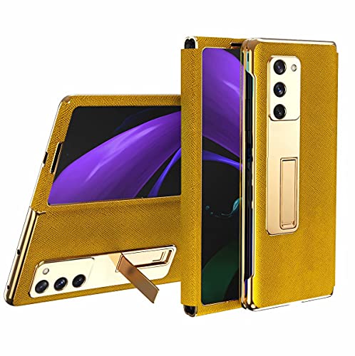 YukeTop Handyhülle für Samsung Galaxy Z Fold 2 5G Hülle, Rahmen mit Harter PC-Beschichtung + Lederdesign, Halterung, Robust, Rundumschutz Cover Schutzhülle für Samsung Galaxy Z Fold 2 5G.(Gold) von YukeTop