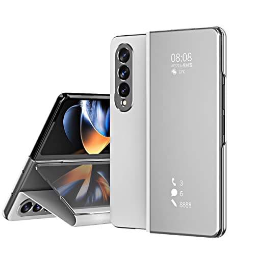 YukeTop Handyhülle für Samsung Galaxy Z Fold 4 Hülle, Smart Mirror Flip Case Standfunktion, Spiegelbeschichtung Ganzkörper 360°Smart Cover Schutzhülle für Samsung Galaxy Z Fold 4.(Silber) von YukeTop