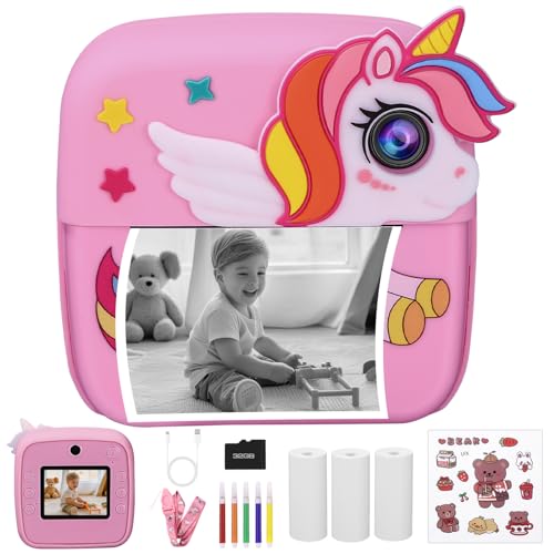 Kinderkamera Sofortbildkamera, Kinder Kamera 1080P 2,4-Zoll-Bildschirm Kamera Kinder mit 32G Karte und 3 Rollen Druckpapier, Geschenke für Jungen und Mädchen 3-12 Jahre (Rosa) von Yulado