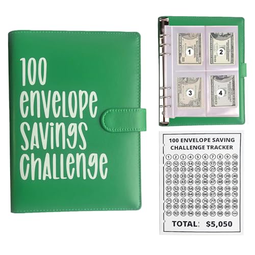 100 Briefumschläge Challenge Binder, Cash Binder mit Umschlag, Saving Challenge Binder, Geldsparumschlag für Schule, Zuhause, Büro, Grün von YumSur