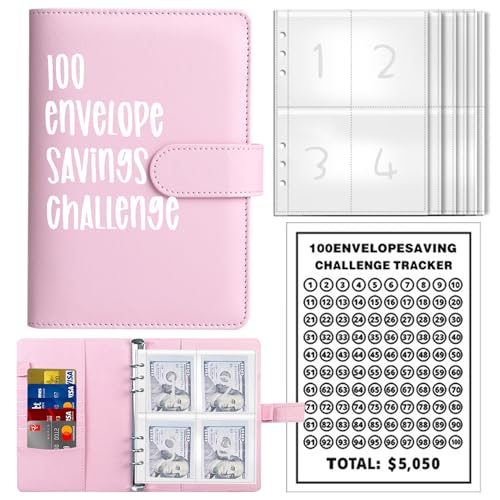 100 Briefumschläge Challenge Binder, Cash Binder mit Umschlag, Sparen Challenge Binder, Geldsparumschlag für Schule, Zuhause, Büro von YumSur