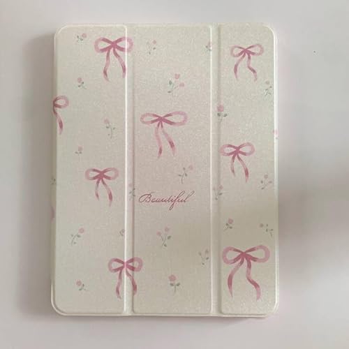 Hartschalen-Schutzhülle für Apple iPad Air 2025 (27,9 cm (11 Zoll), verstellbarer Ständer, Leder, cremefarben / Weiß / Rosa mit Schleife, schönes Blumenmuster, niedlich, schick, bezaubernd, für von Yume Case