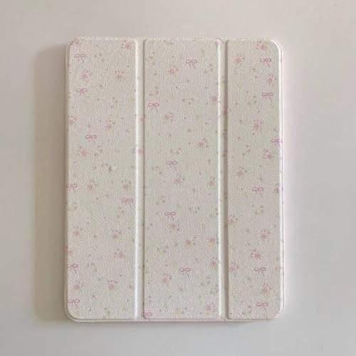 Schutzhülle für Apple iPad Pro 13 Zoll (33 cm) M4 2024, PU-Leder, verspiegelt, mit dreifach verstellbarem Ständer, Rosa Schleife, Blumen, Hellcremeweiß, erfrischend, für Mädchen und Kinder von Yume Case