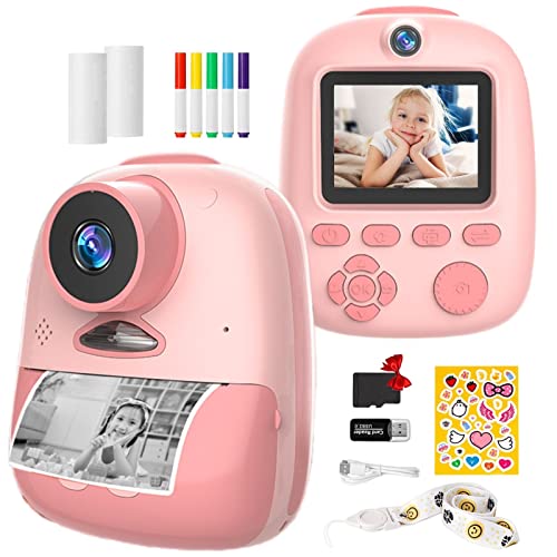 KinderKamera DigitalKamera 26MP 1080P Video Kinder Kamera Sofortbildkamera Print Kamera Sofortbilder für Kinder 4-12 Jahren mit 32G SD, 2” IPS, 2 Druckpapier,5 Farbige, Selfies, Flash,10x Zoom – Pink von YunLone